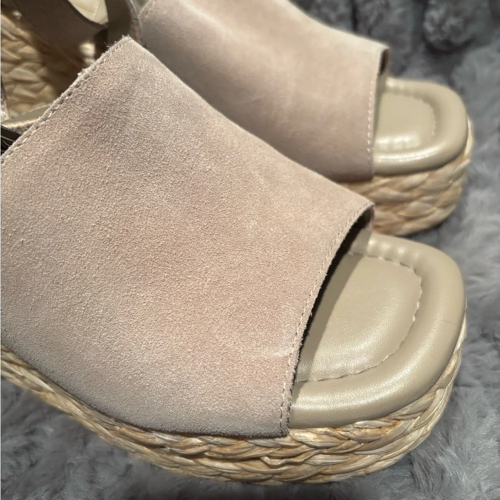 Marc Fisher Suede Taupe Sandals with ankle strap and rafia wedge